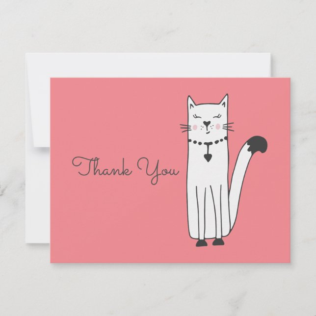 Whimsical White Cat Doodle Thank You Flat Card (Front)