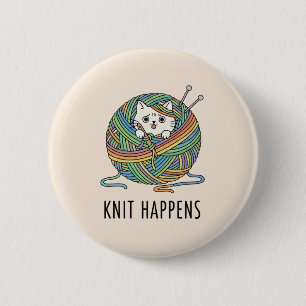 Whimsical White Cat in Colourful Yarn Knitting 6 Cm Round Badge