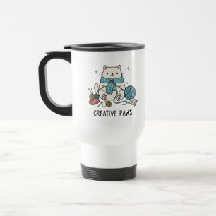 Whimsical White Cat Yarn Knitting Adventure Travel Mug