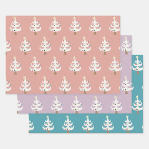 Whimsical White Christmas Trees Trio Wrapping Paper Sheet