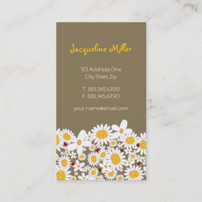 Whimsical White Daisies And Cute Red Ladybugs Chic Business Card (Front)