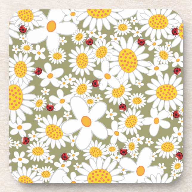 Whimsical White Daisies Ladybugs Flowers Cork Coas Coaster (Front)