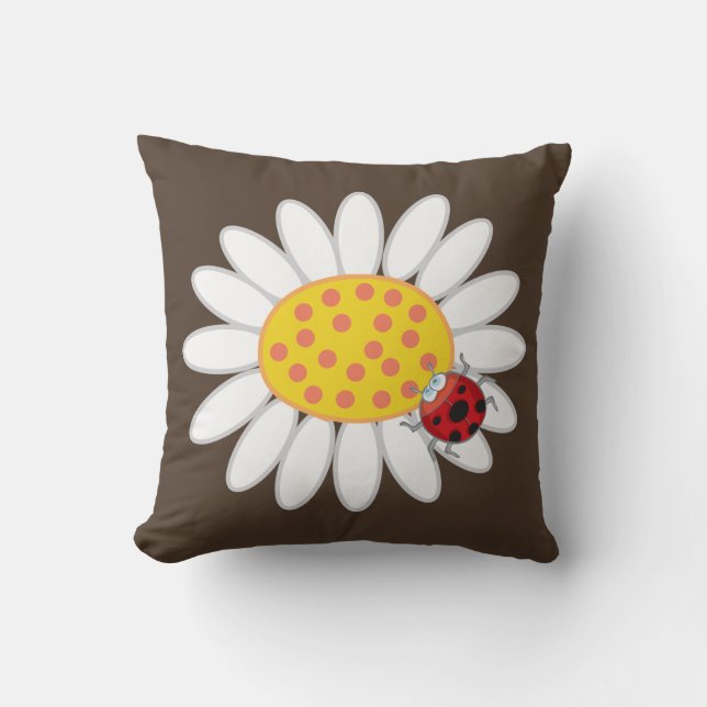 Whimsical White Daisies Red Ladybugs Spring Flower Cushion (Front)