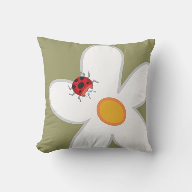Whimsical White Daisies Red Ladybugs Spring Flower Cushion (Front)