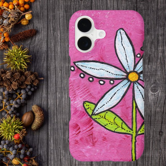 Whimsical White Daisy Flower Pink (big white daisy flower with vibrant lime green leaves on pink phone case.)