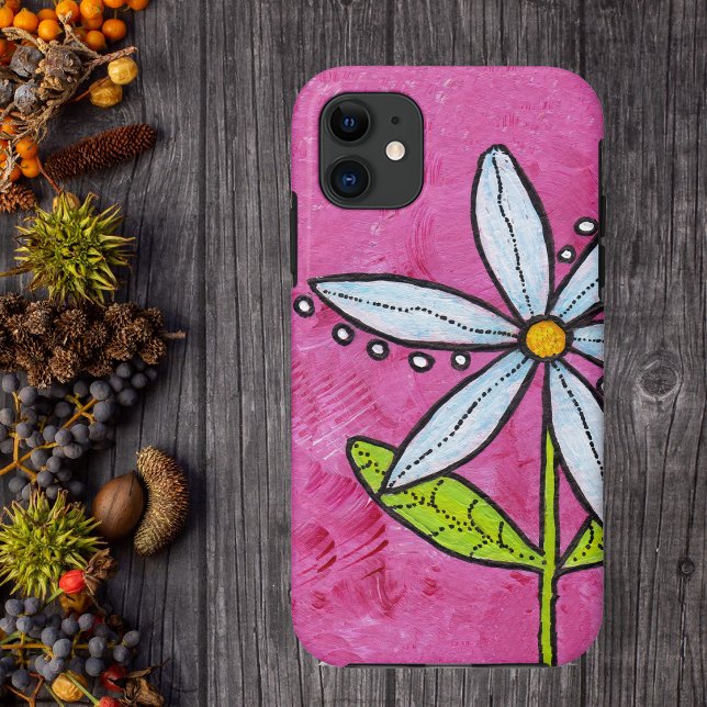 Whimsical White Daisy Flower Pink Case-Mate iPhone Case (Big bright white daisy flower green leaves on vibrant faux painted look pink phone case.)