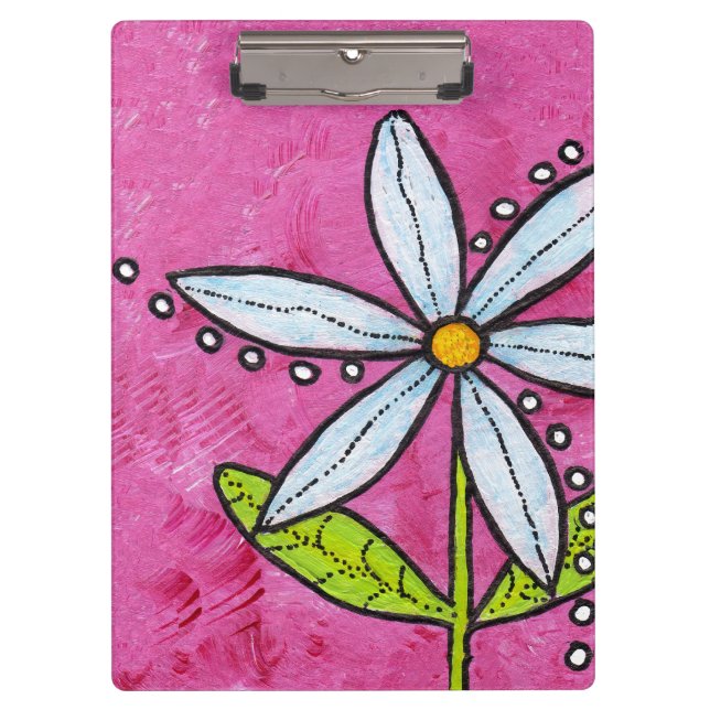 Whimsical White Daisy Flower Pink Clipboard (Front)
