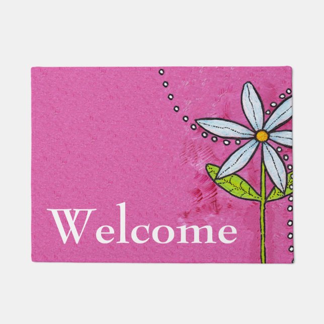 Whimsical White Daisy Flower Pink Doormat (Front)