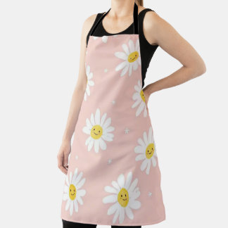 Whimsical White Daisy Pattern on Soft Pink Apron