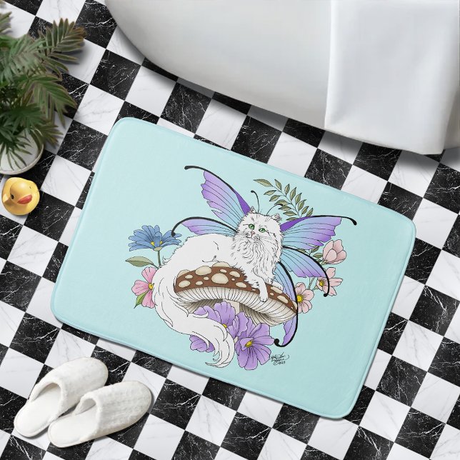 Whimsical White Fairy Cat Blue Mushroom Fantasy Bath Mat (Creator Uploaded)