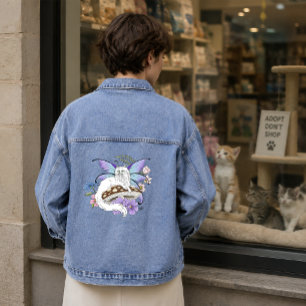 Whimsical White Fairy Cat Blue Mushroom Fantasy Denim Jacket
