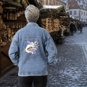 Whimsical White Fairy Cat Blue Mushroom Fantasy Denim Jacket
