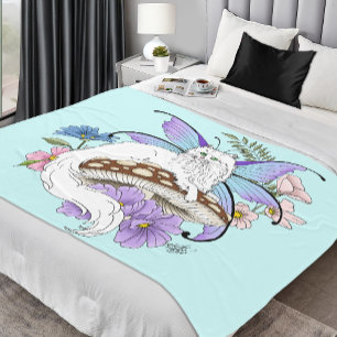 Whimsical White Fairy Cat Blue Mushroom Fantasy Fleece Blanket