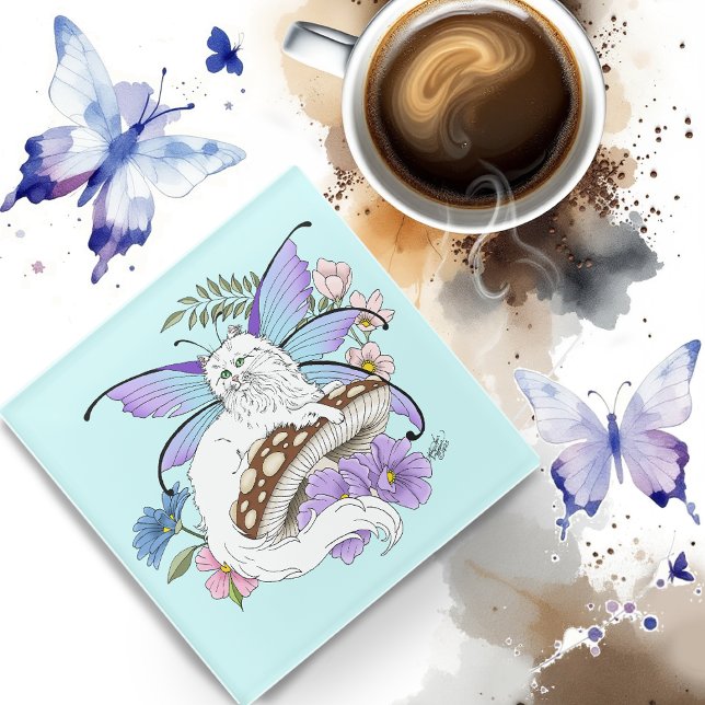 Whimsical White Fairy Cat Blue Mushroom Fantasy Glass Coaster (Creator Uploaded)
