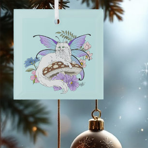 Whimsical White Fairy Cat Blue Mushroom Fantasy Glass Tree Decoration