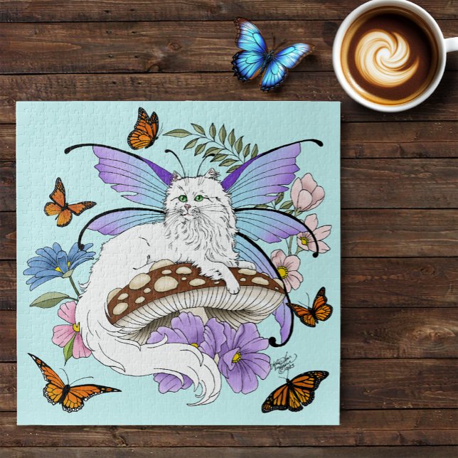 Whimsical White Fairy Cat Blue Mushroom Fantasy Jigsaw Puzzle (Creator Uploaded)