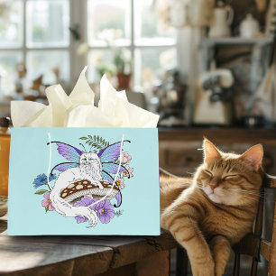 Whimsical White Fairy Cat Blue Mushroom Fantasy Large Gift Bag