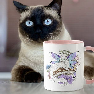 Whimsical White Fairy Cat Blue Mushroom Fantasy Mug