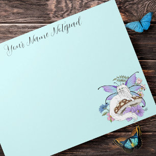 Whimsical White Fairy Cat Blue Mushroom Fantasy Notepad