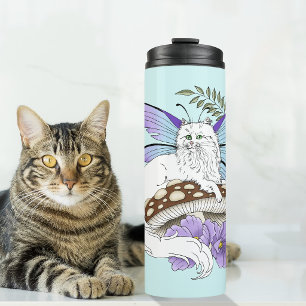 Whimsical White Fairy Cat Blue Mushroom Fantasy Thermal Tumbler