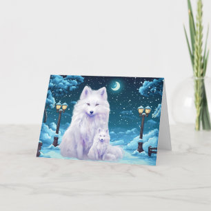 Whimsical White Fox Blue Night Christmas Card