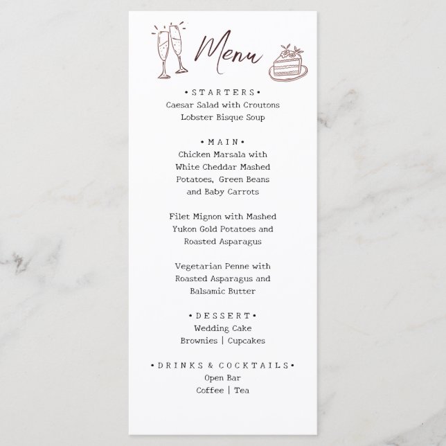 Whimsical White Hand Drawn Illustrated Wedding  Menu (Front)