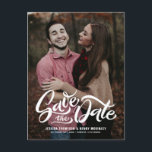 Whimsical White Hand Lettered Photo Overlay Floral Announcement Postcard<br><div class="desc">Announce your wedding to family and friends with this whimsical photo save the date announcement postcard. This whimsical save the date card features a hand-lettered script with watercolor floral back pattern. This floral save the date postcard is available in other cardstock.</div>