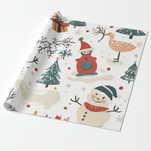Whimsical white handrawn snowman wrapping paper
