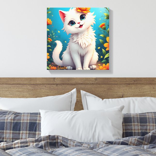 Whimsical White Kitten Garden Canvas Print (Insitu(Bedroom))