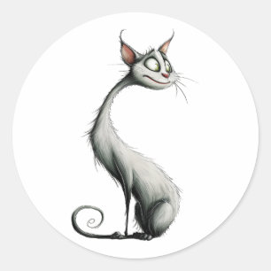 Whimsical White Long Neck Cat Illustration Classic Round Sticker