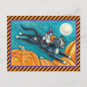 WHIMSICAL WHITE MICE RIDING HALLOWEEN BLACK CAT POSTCARD