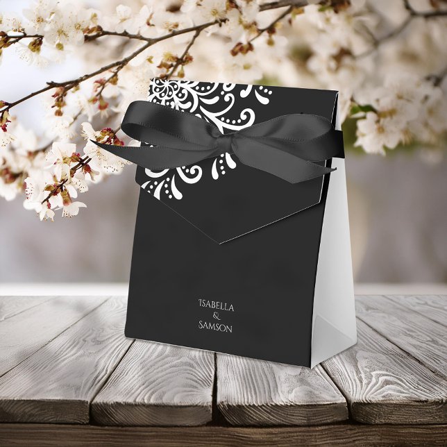 Whimsical White on Black Flourish Wedding Favour Box (Creator Uploaded)