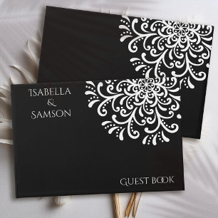 Whimsical White on Black Flourish Wedding Guest Book
