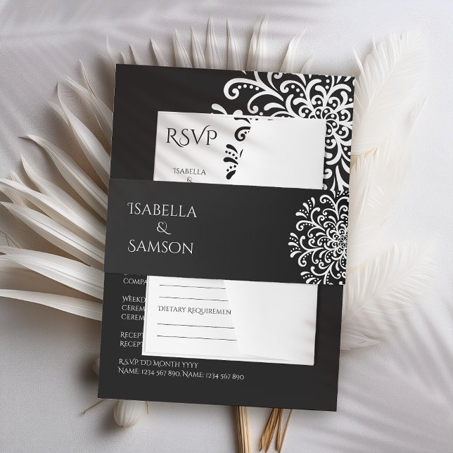 Whimsical White on Black Flourish Wedding Invitation Belly Band (Creator Uploaded)