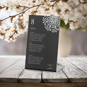 Whimsical White on Black Flourish Wedding Menu Pedestal Sign