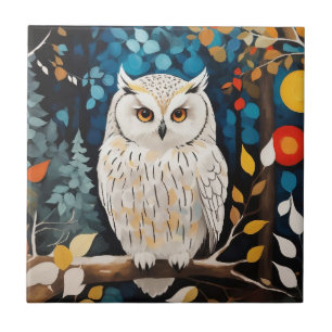 Whimsical White Owl In Colorful Vibrant Forest Tile