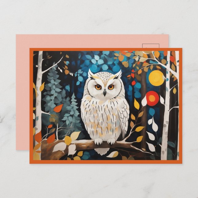 Whimsical White Owl In Colourful Vibrant Forest  Postcard (Front/Back)