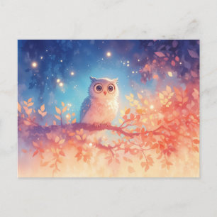 Whimsical White Owl in Glowing Autumn Forest Postcard