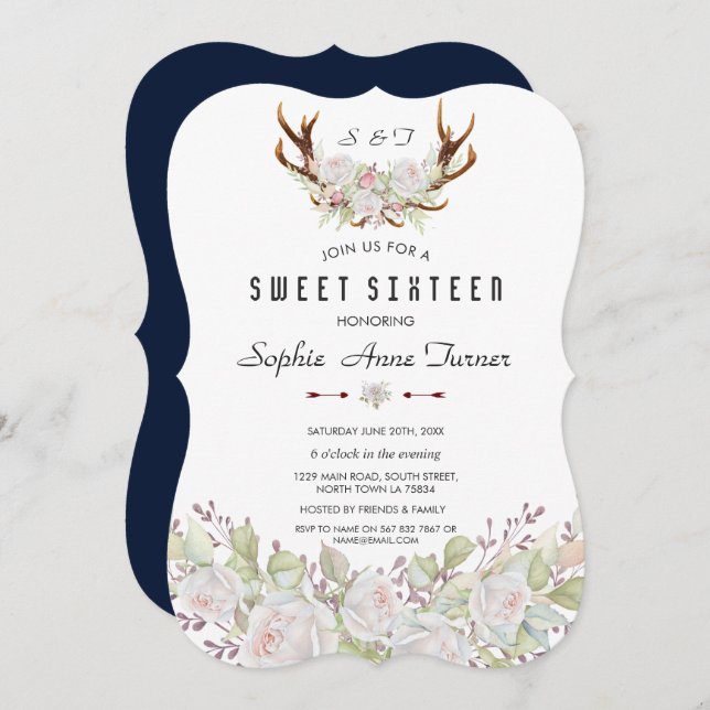 Whimsical White Pink Flowers Antlers Sweet 16 Invitation (Front/Back)