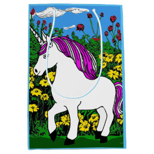 Whimsical White Purple Birthday Unicorn Medium Gift Bag