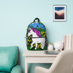 Whimsical White Purple Birthday Unicorn Printed Backpack