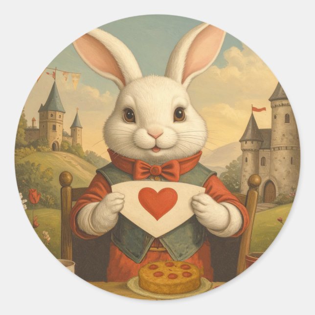 Whimsical White Rabbit Hearts Enchanted Wonderland Classic Round Sticker (Front)