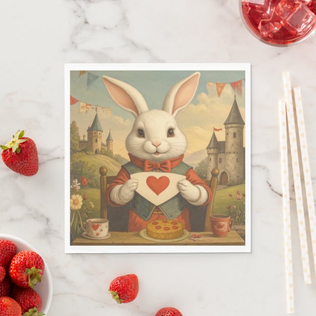 Whimsical White Rabbit Hearts Enchanted Wonderland Napkin (Insitu)