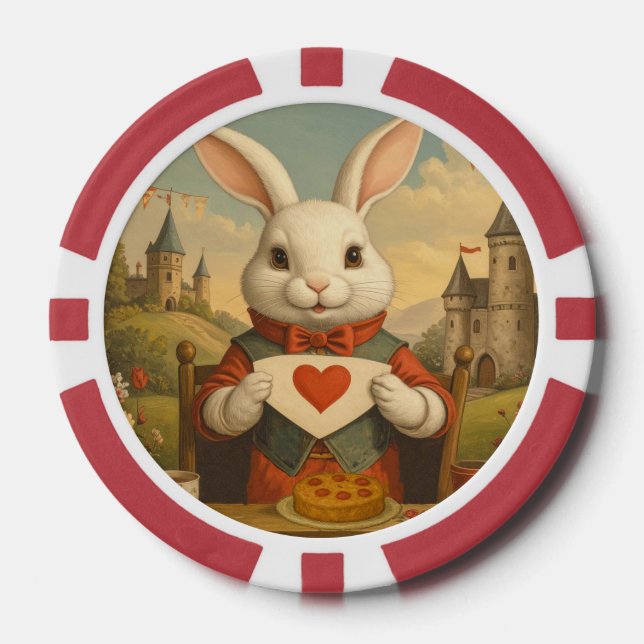 Whimsical White Rabbit Hearts Enchanted Wonderland Poker Chips (Front)