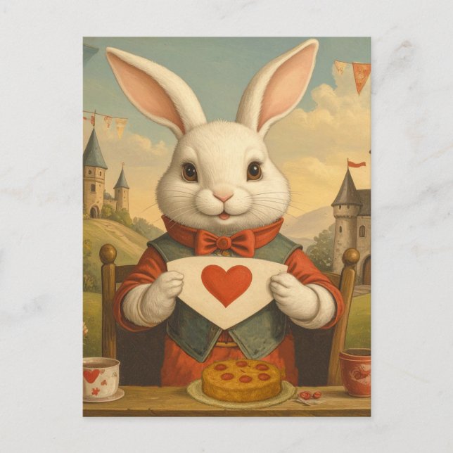 Whimsical White Rabbit Hearts Enchanted Wonderland Postcard (Front)