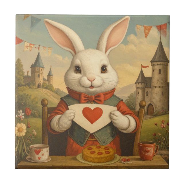 Whimsical White Rabbit Hearts Enchanted Wonderland Tile (Front)