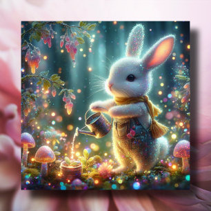Whimsical White Rabbit Watering Flowers Easter Holiday Card