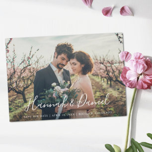 Whimsical White Script Photo Custom Save the Date Magnetic Invitation