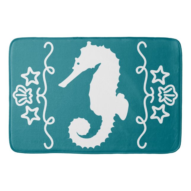 Whimsical White Seahorse Nautical Ocean Bath Mat (Front)