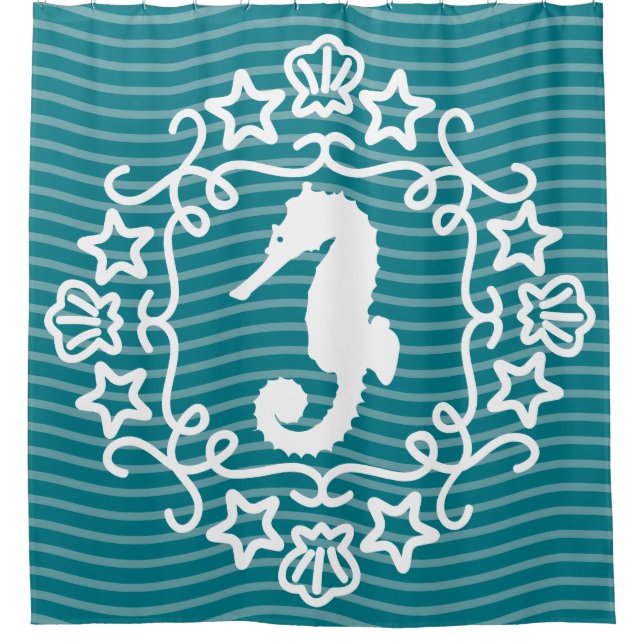 Whimsical White Seahorse Nautical Ocean Shower Curtain (Front)
